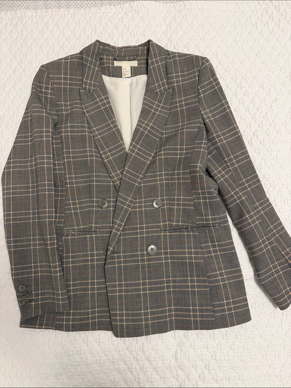 H&M Double-Breasted Plaid Sport Coat in Gray and Beige